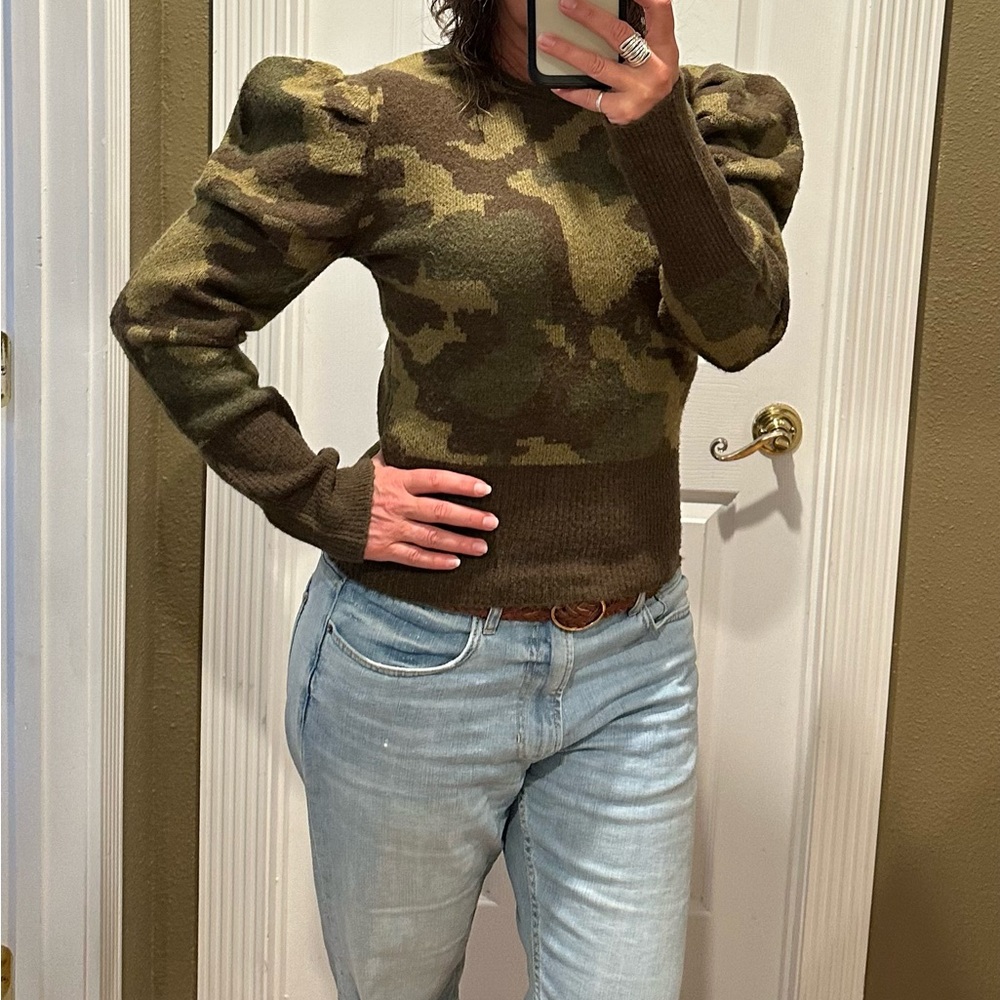 Camouflage Puff Sleeve Sweater